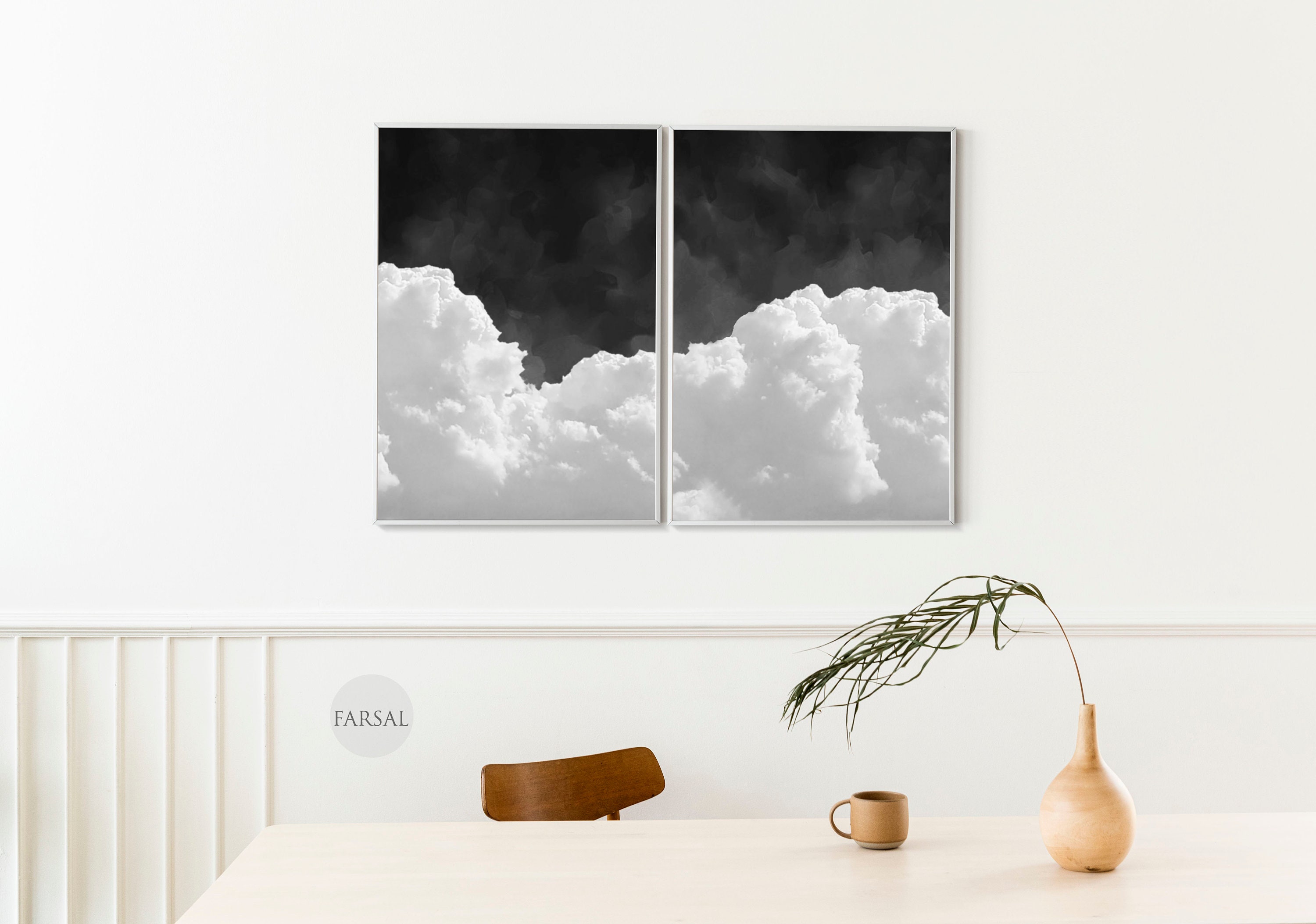 2 Piece Clouds Wall Art, Clouds Canvas Wall Art Print, Black and White