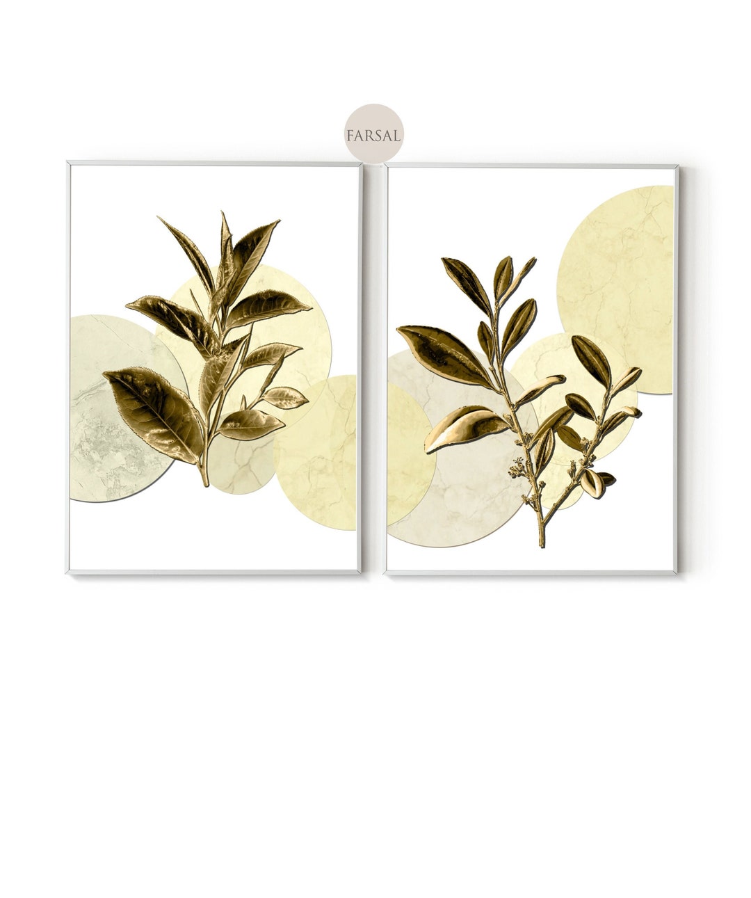 Two Yellow Gold Wall Art , Pretty Botanical Prints, Gold Leaf Metal Wall Print, Golden Plant