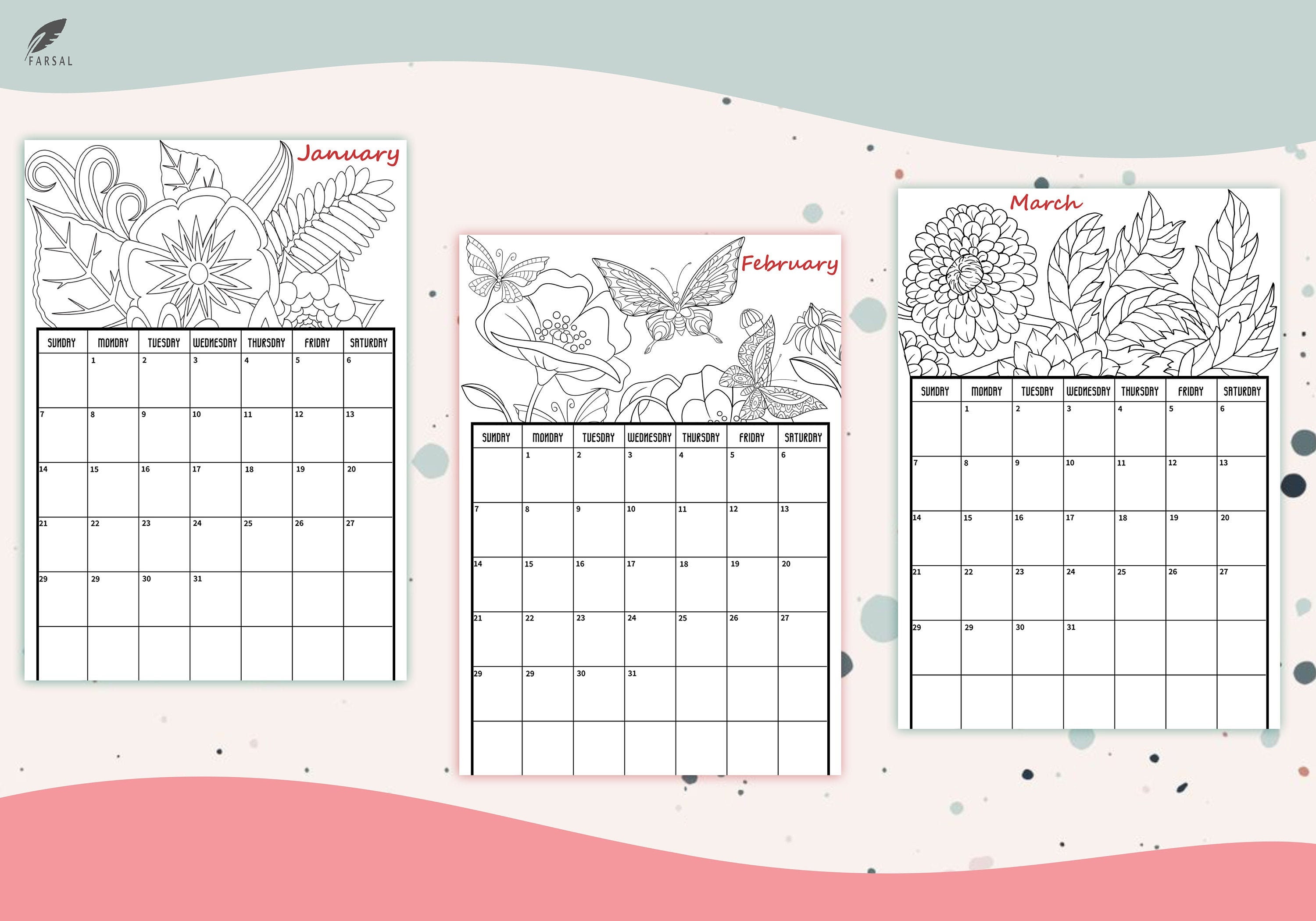 Monthly Calendar Coloring pages 2022 Monthly Calendar Planner | Etsy
