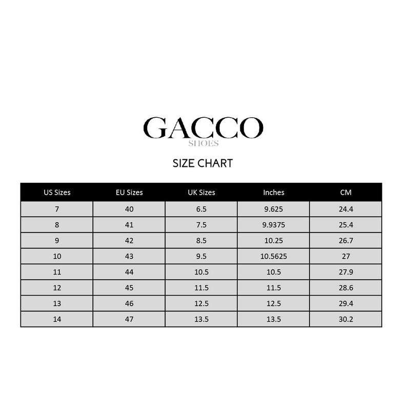 May include: A size chart for shoes, showing US, EU, UK sizes, inches, and centimeters. The chart includes sizes 7 through 14 in US sizes, corresponding to sizes 40 through 47 in EU sizes, and sizes 6.5 through 13.5 in UK sizes.