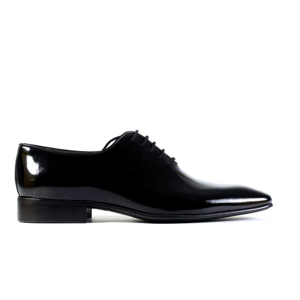 Lace-up Black Dress Shoes, Oxford Mens Shoes, Classic Patent Leather Shoes, Handmade, Calf Leather