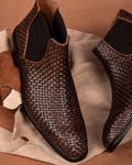 Handmade Brown Woven Leather Ankle Boots: Mens Dress Boots