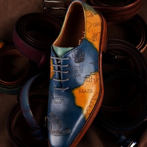 Zapatos con mapa del mundo pintados a mano / Oxfords de cuero / Hechos a pedido / Diseño personalizado