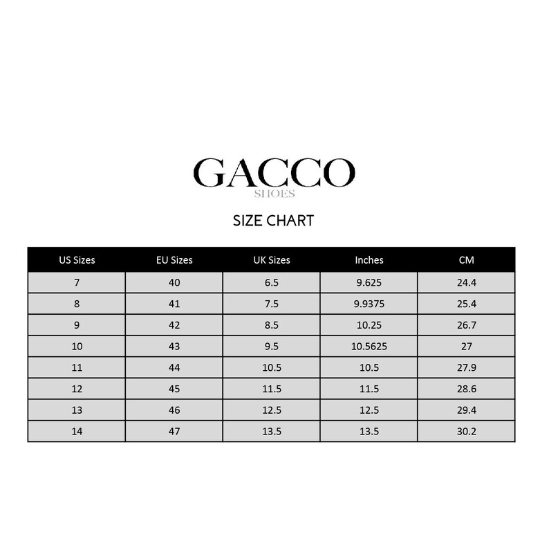 May include: A size chart for shoes, showing US, EU, UK sizes, inches, and centimeters. The chart includes sizes 7 through 14 in US sizes, corresponding to sizes 40 through 47 in EU sizes, and sizes 6.5 through 13.5 in UK sizes.