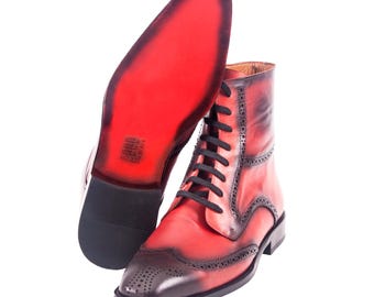 Handmade Luxury Mens 6 inch Leather Red Patina Dress Boots, Men Dress Shoes