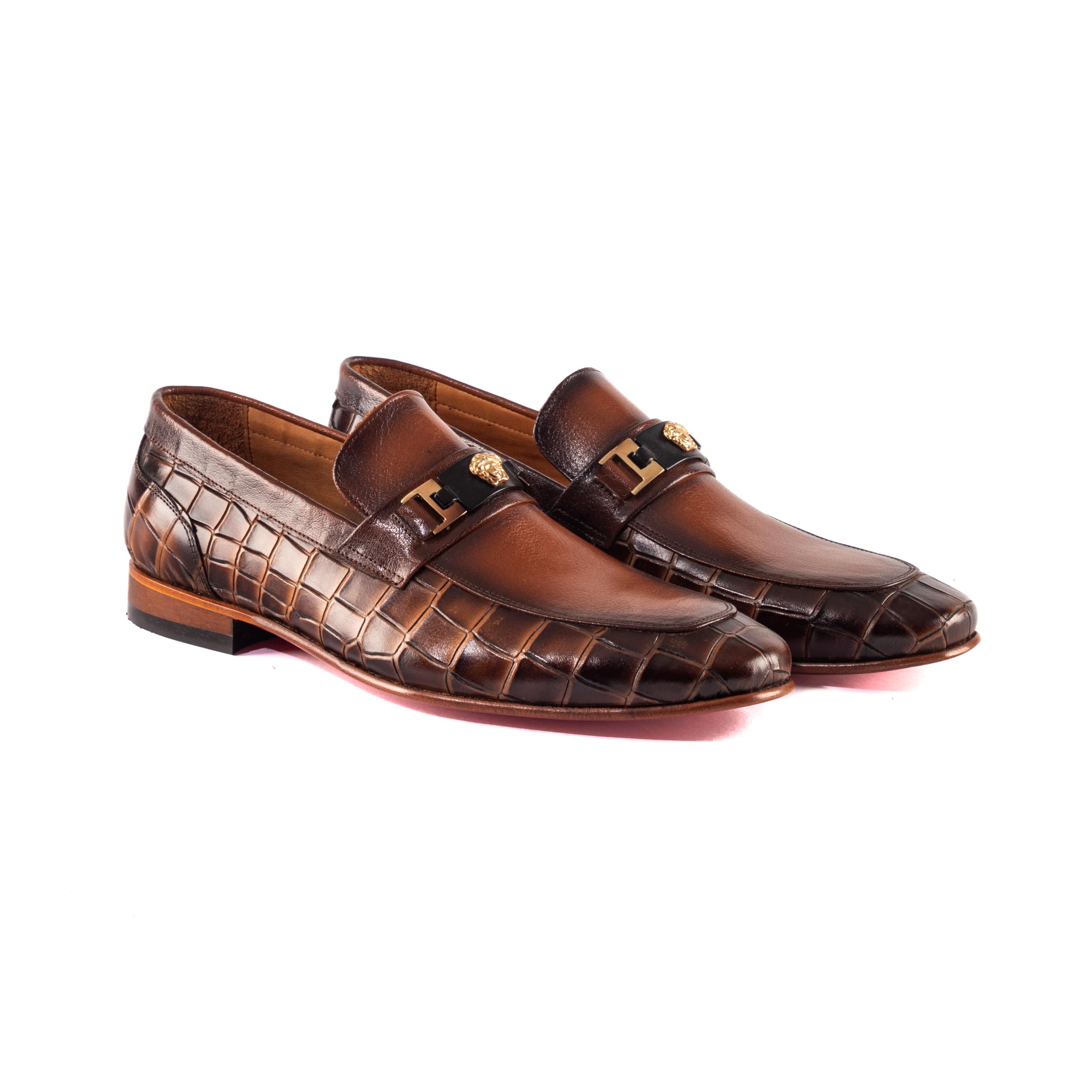 Luxurious Brown Crocodile Pattern Loafers with Gold Accents Royal Croc Bit Loafers – Dark Brown* Leather Line Shoes Add  main image 2