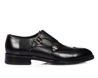 Handmade Black Leather Double Monk Strap Wingtip Dress Shoes