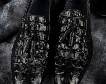 Black Crocodile Embossed Leather Loafers | Men's Slip-Ons | Leather Sole | Formal Shoes