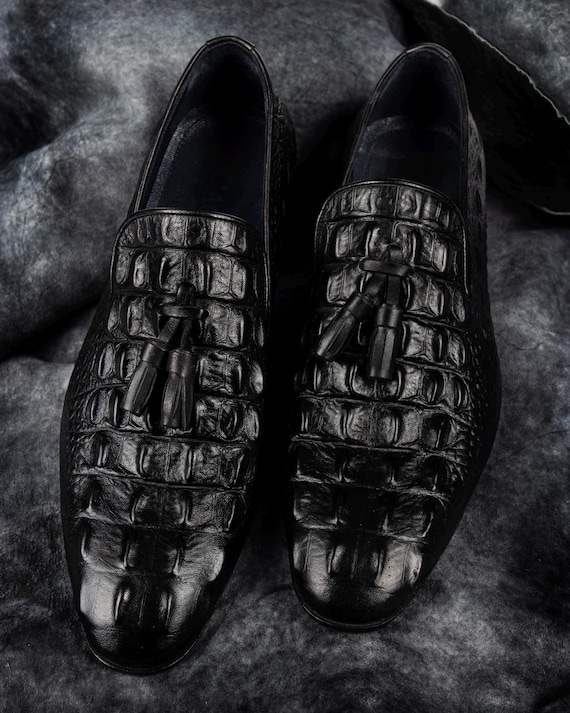 Black Crocodile Embossed Leather Loafers | Men's Slip-Ons | Leather Sole | Formal Shoes
