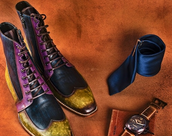 Leather Boots, Colorful Handmade Mens Leather Patina Boots, Men Dress Shoes