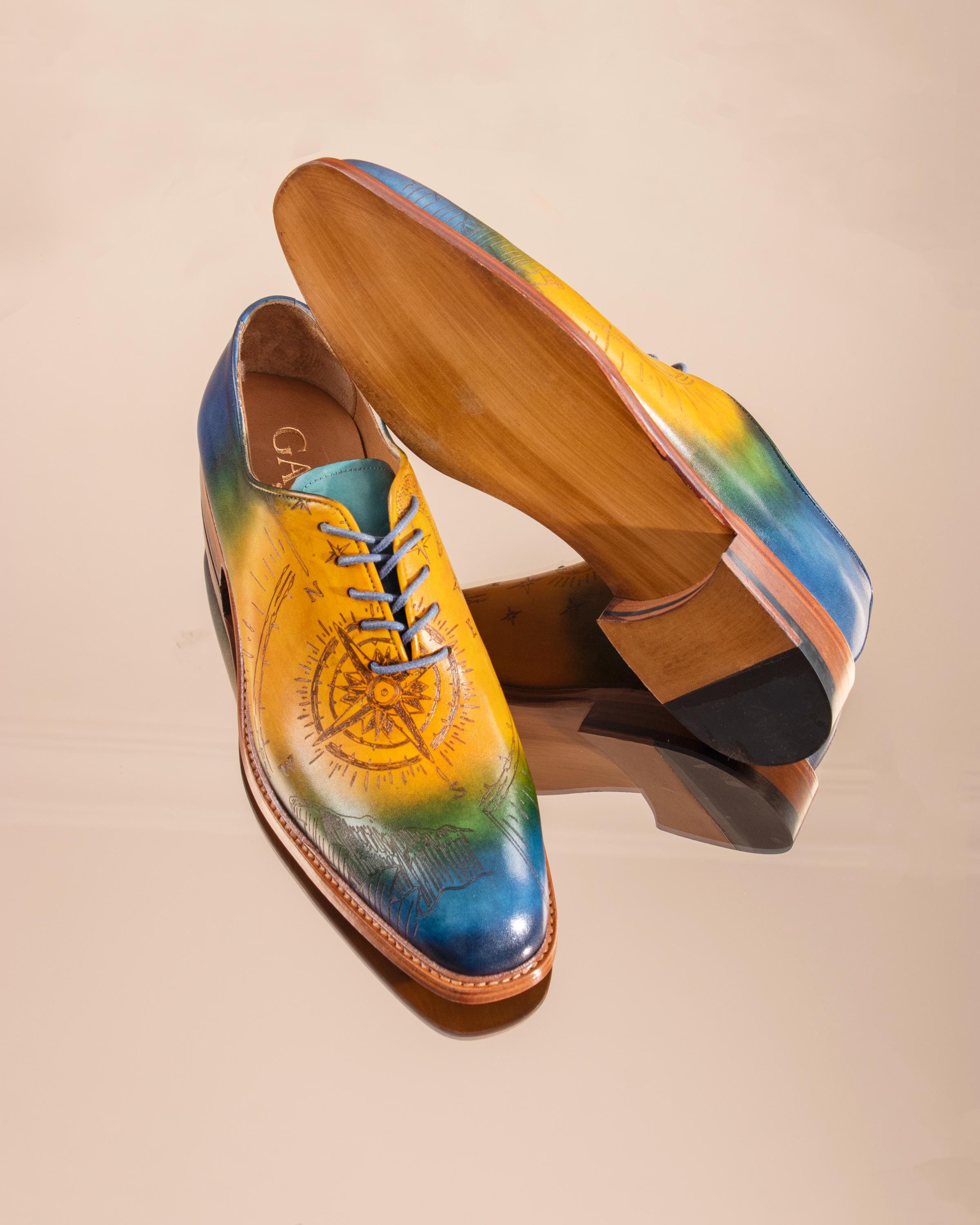 Hand-painted Compass Shoes Unique Patina Leather Oxfords