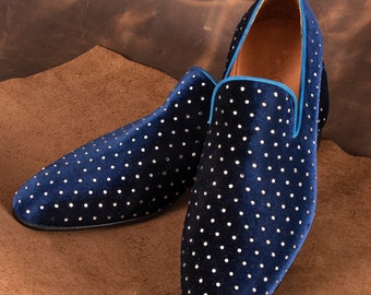 Navy Blue Velvet Shoes with Stones, Handmade Crystal Emroided Velvet Loafer