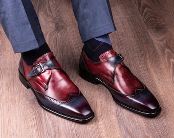 Handmade Classic Leather Monk Dress Patina Shoes, Gift for him