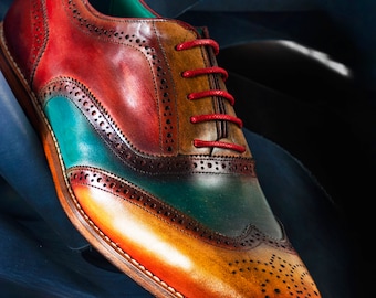 Handmade Patina Leather Dress Shoes: Mixed Color Turkish Oxfords