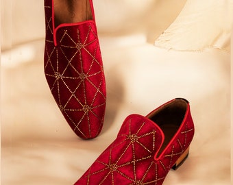 Red Velvet Shoes with Stones, Handmade Crystal Emroided Red Velvet Loafer