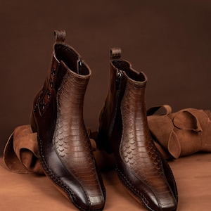 Handmade Luxury Mens 6 inch Brown Baby Buffalo and Piton Leather Dress Boots, Men Dress Boots