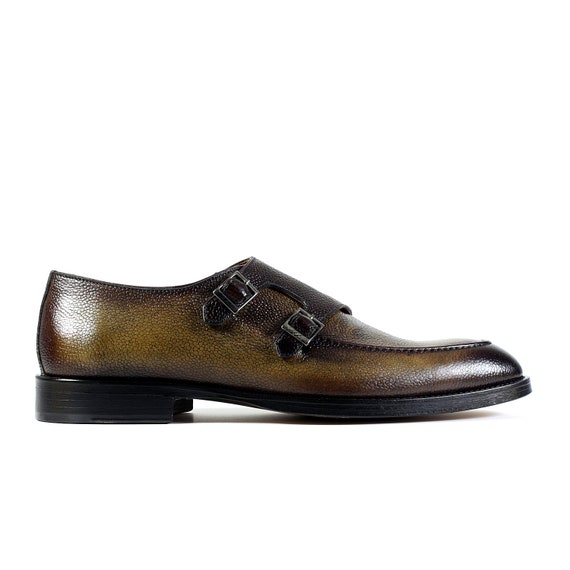 Hand Stitched Green Leather Double Monk Loafers
