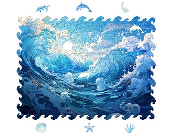 Blue ocean wooden jigsaw puzzle for adults, custom picture puzzle, gift for him her, shaped 3d puzzle, tropical puzzle, summer gift idea