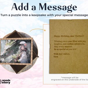 May include: A brown wooden box with a puzzle inside. The box has a lid with a personalized message that reads "Happy Birthday, dear Matthew! Wishing you a year filled with joy, laughter, and endless adventures. May every moment be as special as you are! With best wishes, Sara". The message will be engraved on the underside of the lid.