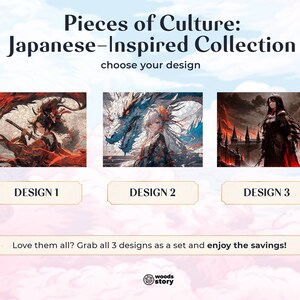 May include: Three digital art designs inspired by Japanese culture. The first design features a woman in red and white clothing with a dragon. The second design features a woman in white and blue clothing with a dragon. The third design features a woman in black clothing with a castle in the background.