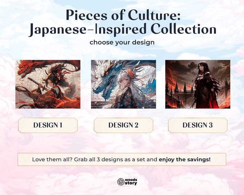 May include: Three digital art designs inspired by Japanese culture. The first design features a woman in red and white clothing with a dragon. The second design features a woman in white and blue clothing with a dragon. The third design features a woman in black clothing with a castle in the background.