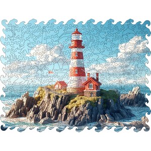 May include: A red and white striped lighthouse stands on a rocky island surrounded by blue water. The lighthouse has a small house attached to it and is surrounded by green grass and rocks.