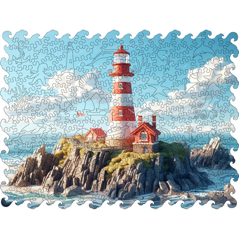May include: A red and white striped lighthouse stands on a rocky island surrounded by blue water. The lighthouse has a small house attached to it and is surrounded by green grass and rocks.