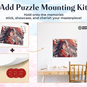 May include: A white mounting kit for puzzles with three adhesive pads. The kit is shown next to a completed puzzle of a woman with long black hair and a red dress. The puzzle is framed and hanging on a white wall. The text "woods story" is visible in the upper right corner of the image.