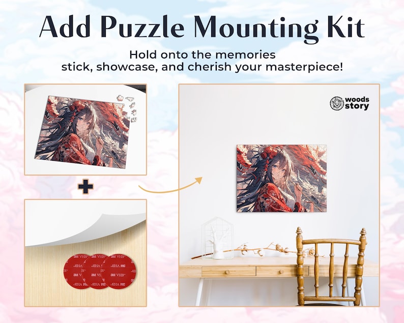 May include: A white mounting kit for puzzles with three adhesive pads. The kit is shown next to a completed puzzle of a woman with long black hair and a red dress. The puzzle is framed and hanging on a white wall. The text "woods story" is visible in the upper right corner of the image.