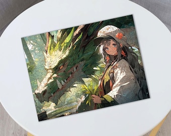 Japanese Princess with Green Dragon, Manga wooden jigsaw puzzle, Japanese themed jigsaw puzzle, japanese art, wooden dragon puzzle