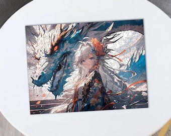 Legpuzzel Geisha-krijger en draken, houten anime-puzzel, drakenpuzzel, unieke puzzel met Japans thema