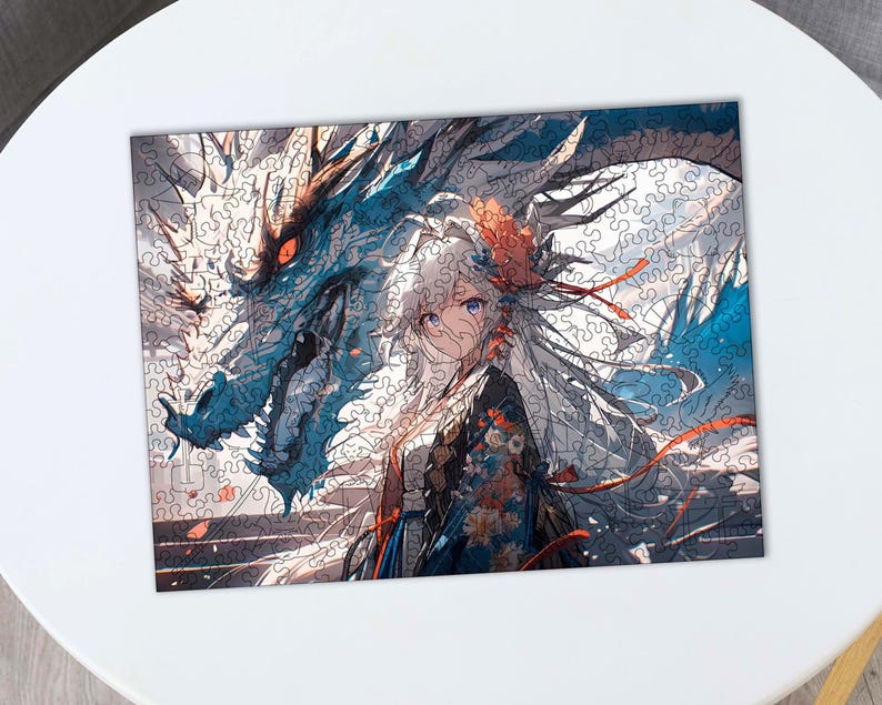 May include: A white-haired anime character with blue eyes and a red and white patterned outfit stands in front of a large blue dragon with red eyes. The dragon's wings are spread out behind the character.