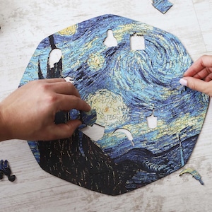 Wooden jigsaw puzzle with unique cuts - The starry Night Vincent van Gogh - painting jigsaw puzzle, impressionist art gifts