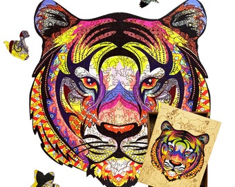 Tiger puzzle, wooden picture puzzle, animal puzzle, family gift, laser cut puzzle, shaped puzzle, wood board game