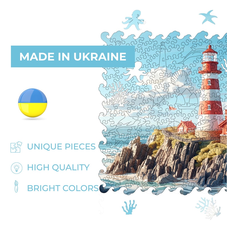 May include: A jigsaw puzzle featuring a lighthouse on a rocky cliff overlooking a blue ocean. The puzzle is made in Ukraine and features unique pieces, high quality materials, and bright colors. The puzzle box includes the text "MADE IN UKRAINE".