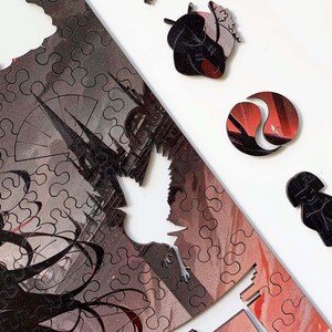 May include: A black and white jigsaw puzzle with a red and white design. The puzzle is partially assembled and shows a woman with long black hair, a cityscape, and a yin yang symbol.