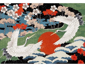 Wooden puzzle of crane, cherry blossom puzzle, laser cut puzzle, japanese traditional art, family gift