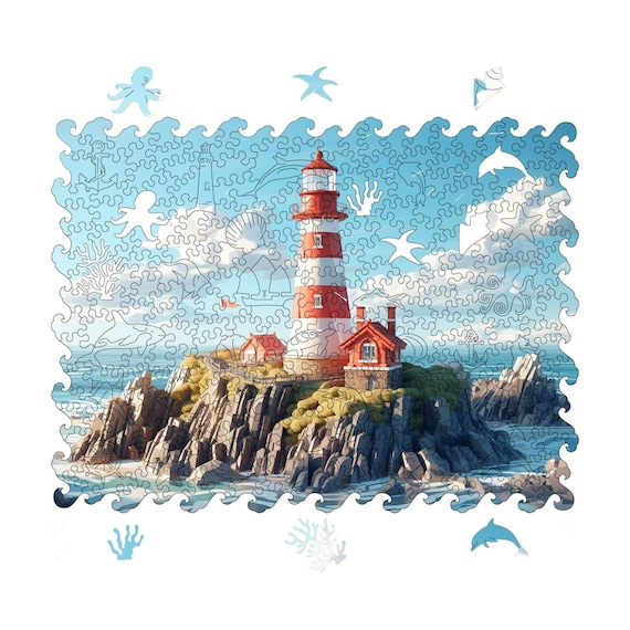 Lighthouse and ocean wooden jigsaw puzzle, picture puzzle, gifts for friends, family puzzle, lighthouse wall art