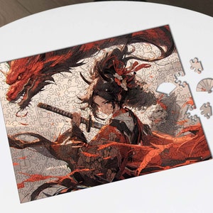 Anime wooden jigsaw puzzle, Samurai art jigsaw puzzle, Japanese puzzle, geisha warrior picture puzzle, dragon battle adult puzzle