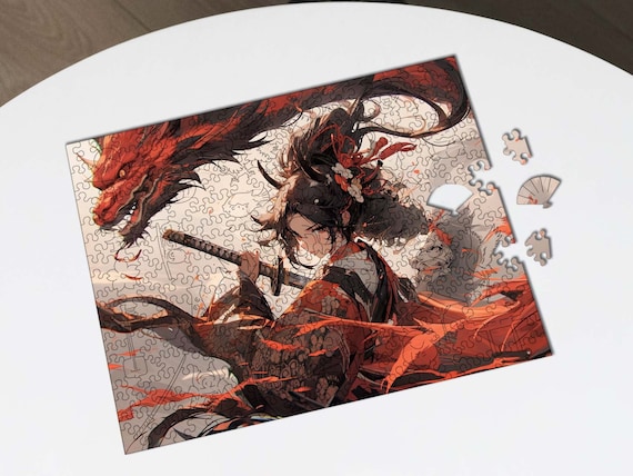 Anime wooden jigsaw puzzle, Samurai art jigsaw puzzle, Japanese puzzle, geisha warrior picture puzzle, dragon battle adult puzzle