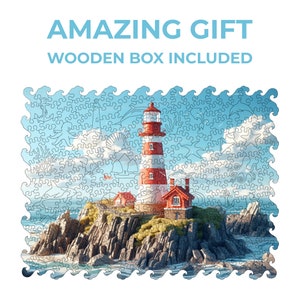 May include: A red and white striped lighthouse stands on a rocky island with green grass and a small red house. The lighthouse is surrounded by blue water and a cloudy sky. The image is a jigsaw puzzle.