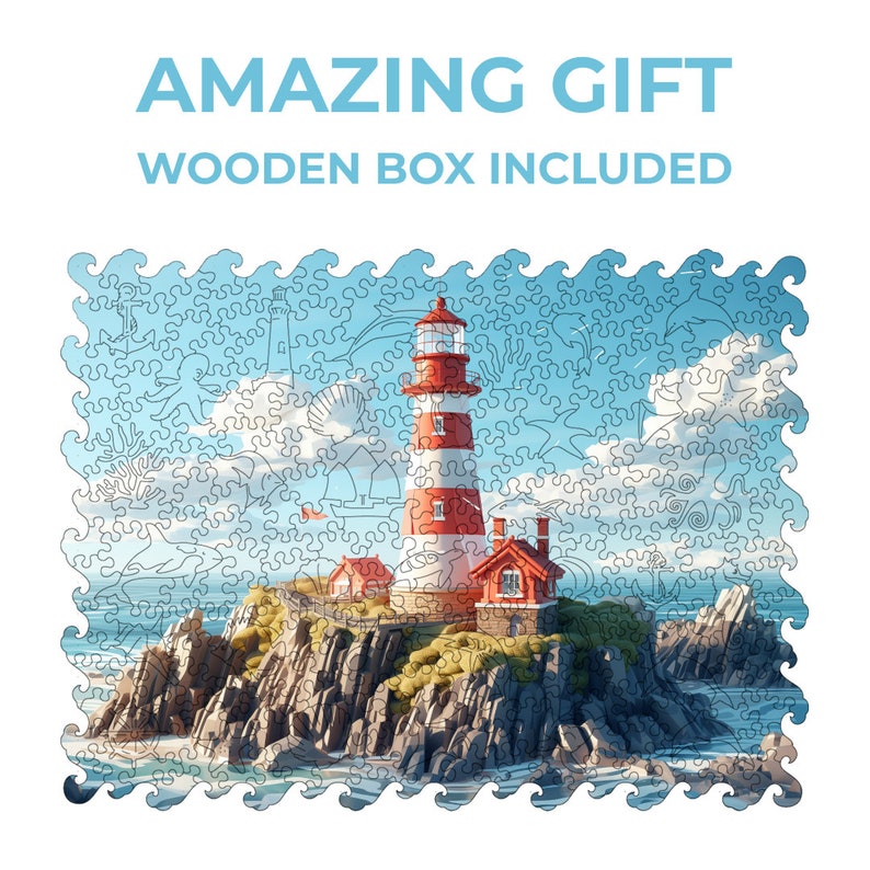 May include: A red and white striped lighthouse stands on a rocky island with green grass and a small red house. The lighthouse is surrounded by blue water and a cloudy sky. The image is a jigsaw puzzle.