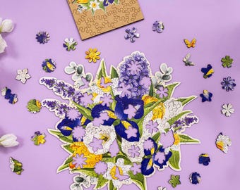 Wooden Botanical Puzzle, Handmade Spring Nature Jigsaw, Flower Bouquet Wall Art, Unique Gift for Wife