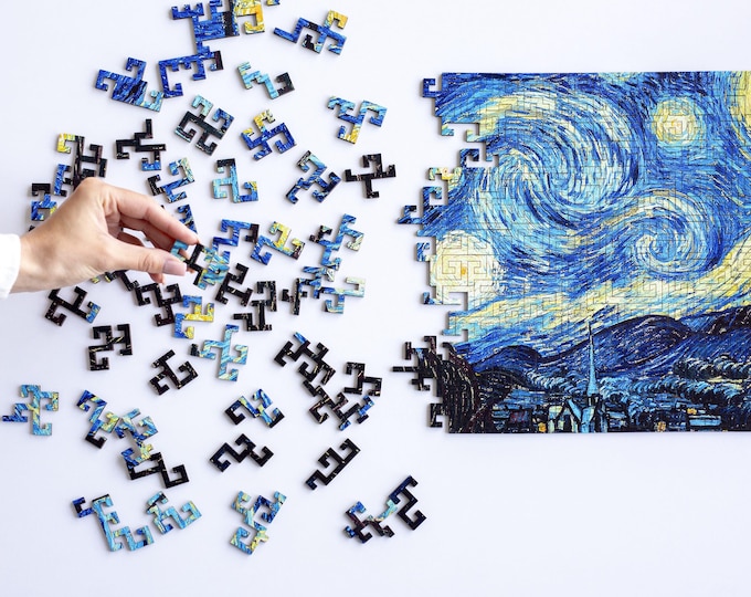 Van Gogh Starry Night Inspired Art, Wooden Jigsaw Puzzle for Adults, Christmas Art Lover Gift, Relaxing Puzzles, Creative Unique Gift