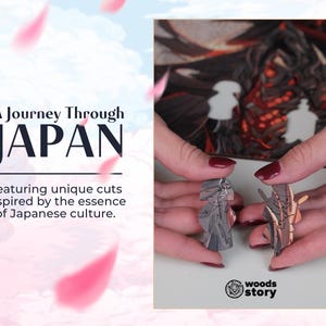 May include: A wooden jigsaw puzzle featuring a Japanese theme. The puzzle pieces are shaped like traditional Japanese figures. The puzzle is called "A Journey Through Japan" and features unique cuts inspired by the essence of Japanese culture. The puzzle is made by "woods story".
