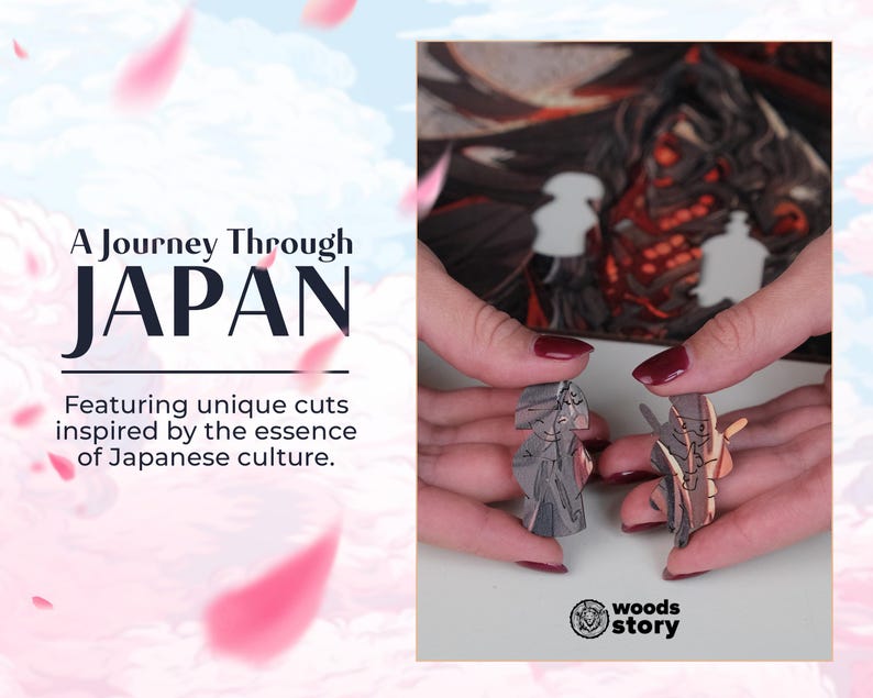 May include: A wooden jigsaw puzzle featuring a Japanese theme. The puzzle pieces are shaped like traditional Japanese figures. The puzzle is called "A Journey Through Japan" and features unique cuts inspired by the essence of Japanese culture. The puzzle is made by "woods story".