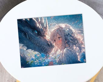 Japanese themed jigsaw puzzle Girl and Blue Dragon, anime wooden jigsaw puzzle, family game night, wooden 3d puzzle laser cut