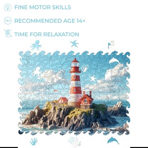 May include: A red and white lighthouse stands on a rocky island surrounded by blue water. The lighthouse is surrounded by green foliage and the sky is blue with white clouds. The image is a jigsaw puzzle.