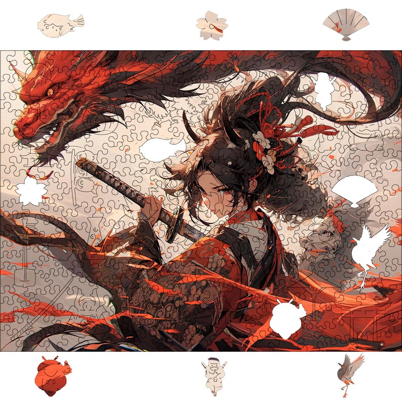 May include: A digital illustration of a woman in a red kimono holding a katana sword. She has long black hair with red flowers in it. A red dragon is in the background.