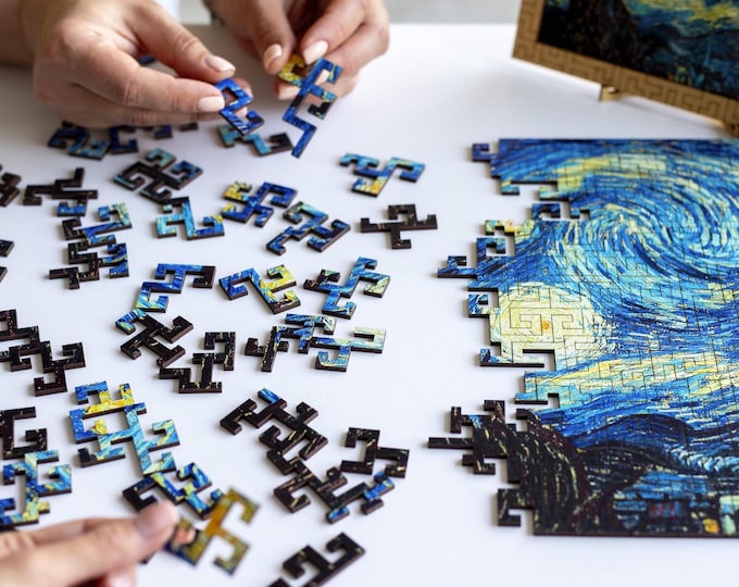 Wooden Jigsaw Puzzle Maze, Van Gogh Starry Night Art, Unique Art Lover Gift, Relaxing Puzzles, Christmas Gift for Artist